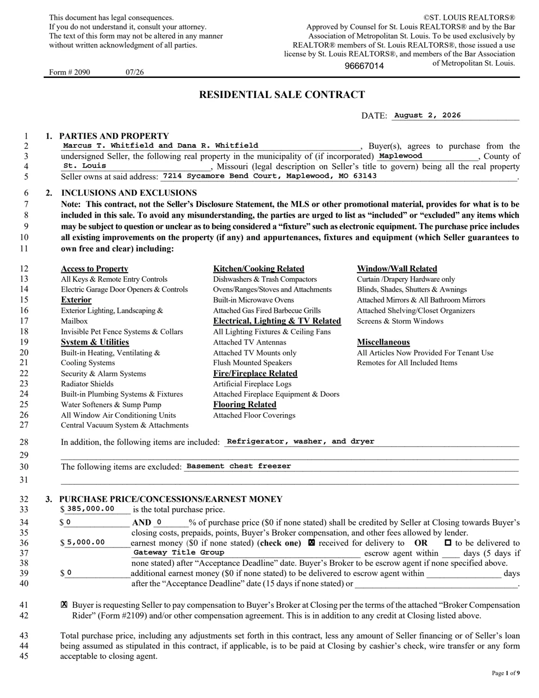 Rendered page 1 of the residential sale contract sample